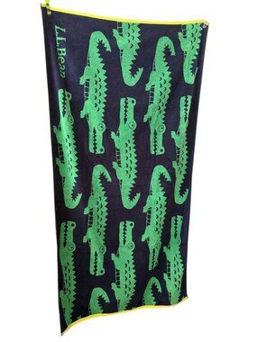 L.L.Bean Alligator Crocodile Beach Pool Towel Navy Green Cotton 34x62 Retired